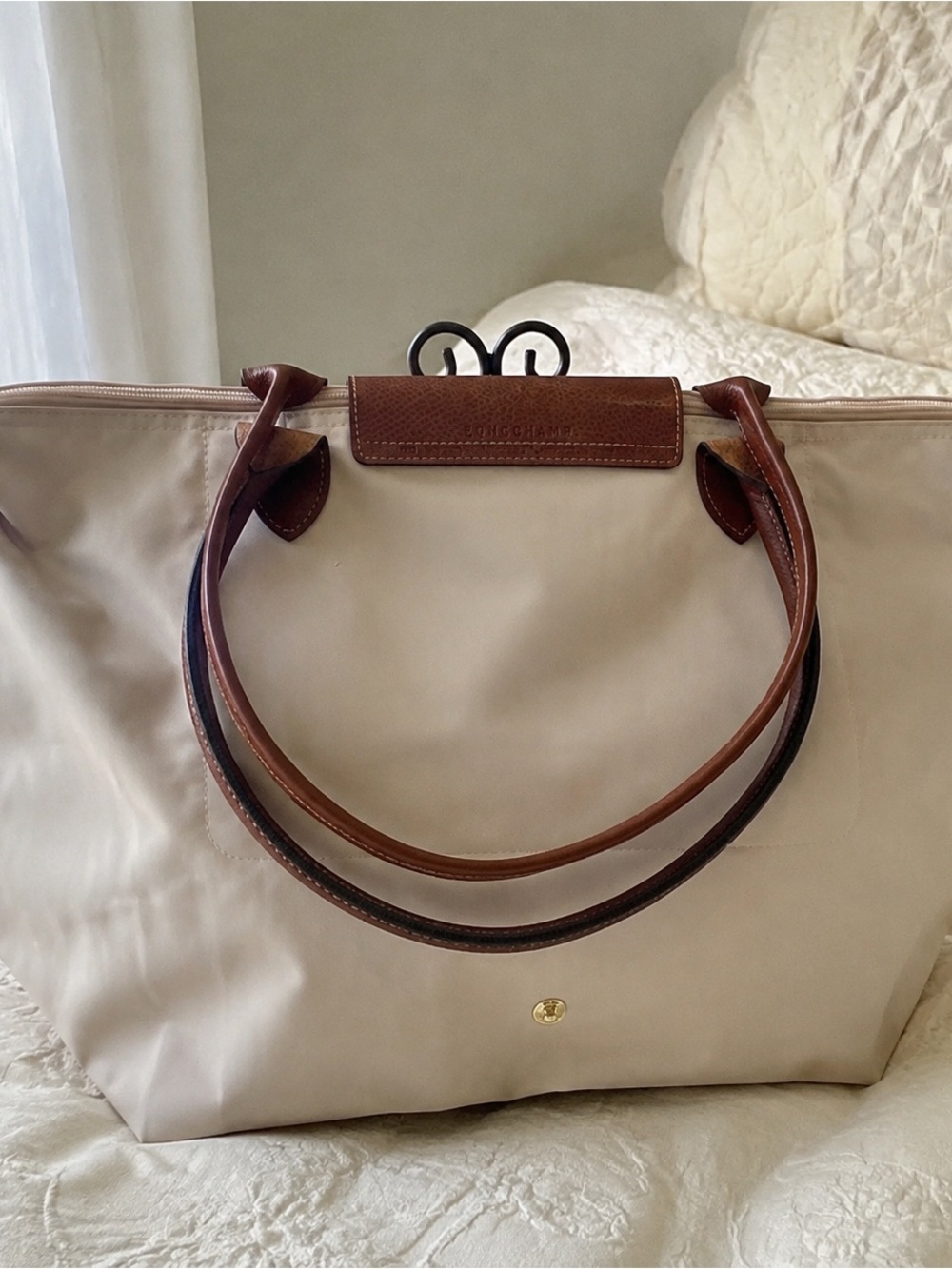 Longchamp Cream Canvas Tote with Brown Leather Trim - Picture 3 of 4